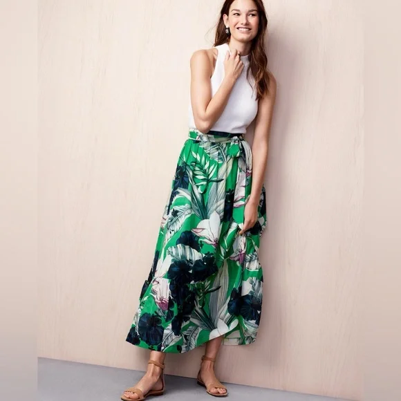 Ann Taylor Green Palm Leaf Tiered Floral Maxi Skirt Size 14 Lined - Picture 1 of 6